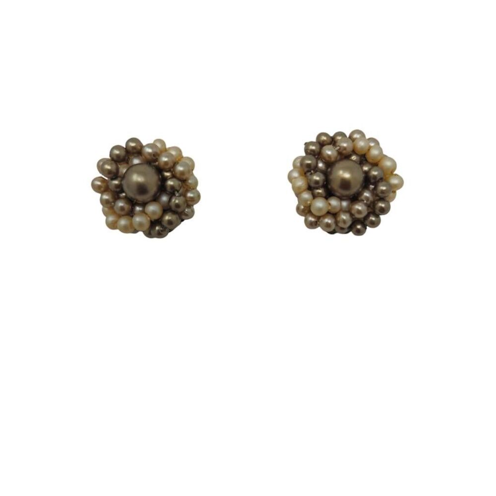 Vintage Japan Faux Pearl Cluster Clip-On Earrings | 1950s-1960s